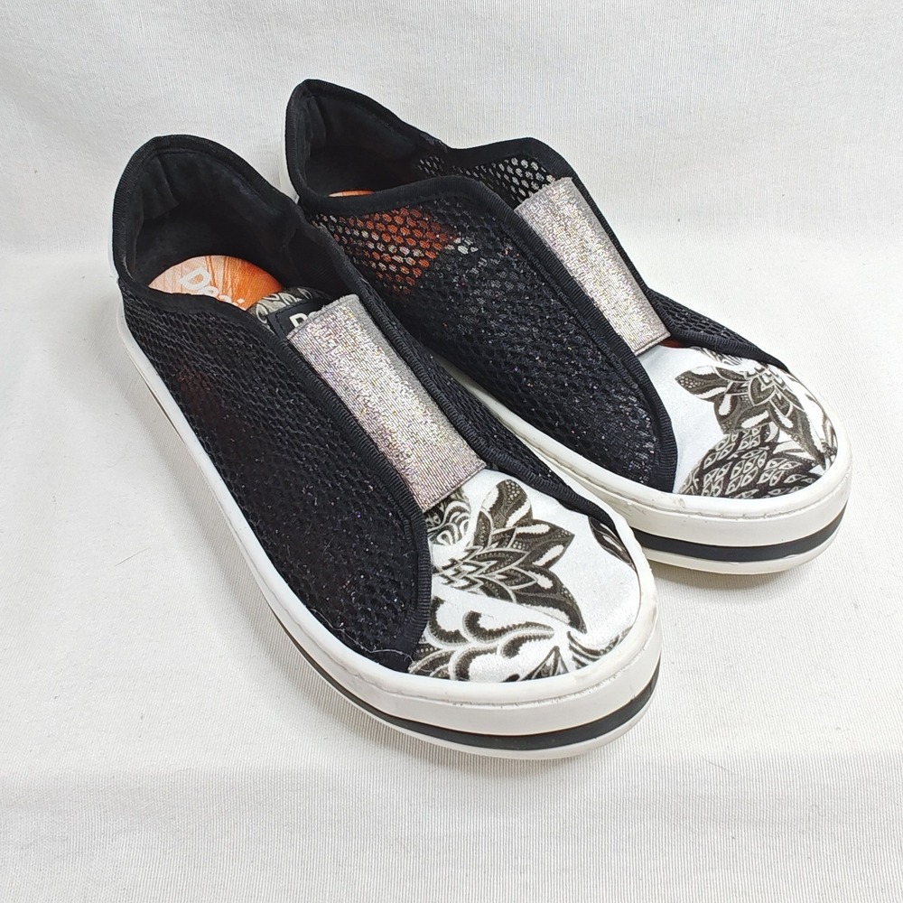 Desigual Slip On Sneakers Black White Floral Mesh Lace Glitter Memory Foam EU 35